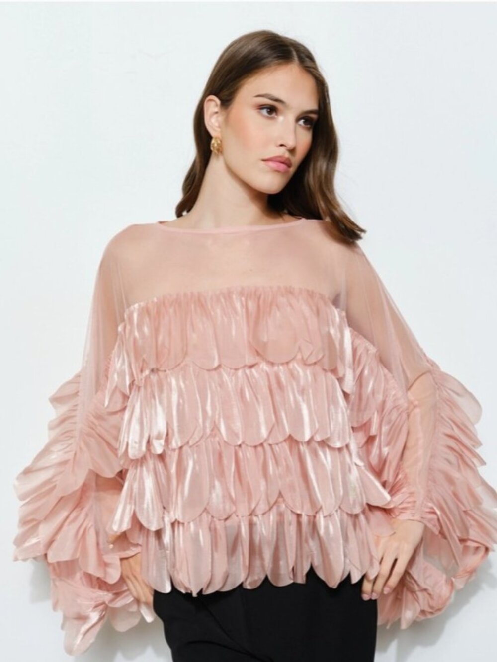INA Mauve Ruffle Blouse Sheer Organza Scallop Layered Statement Top - Large - Picture 1 of 5